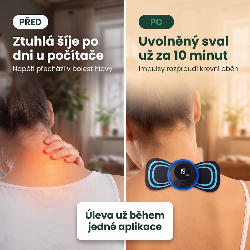 Mini EMS/TENS masér na krk před a po – úleva od ztuhlé šíje
